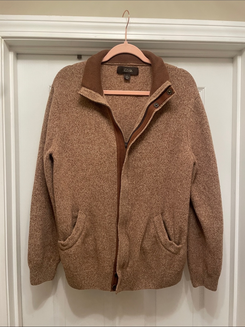 Tasso Elba Men's tan Brown Full-Zip Knit Sweater Jacket 100% Lambswool size L
